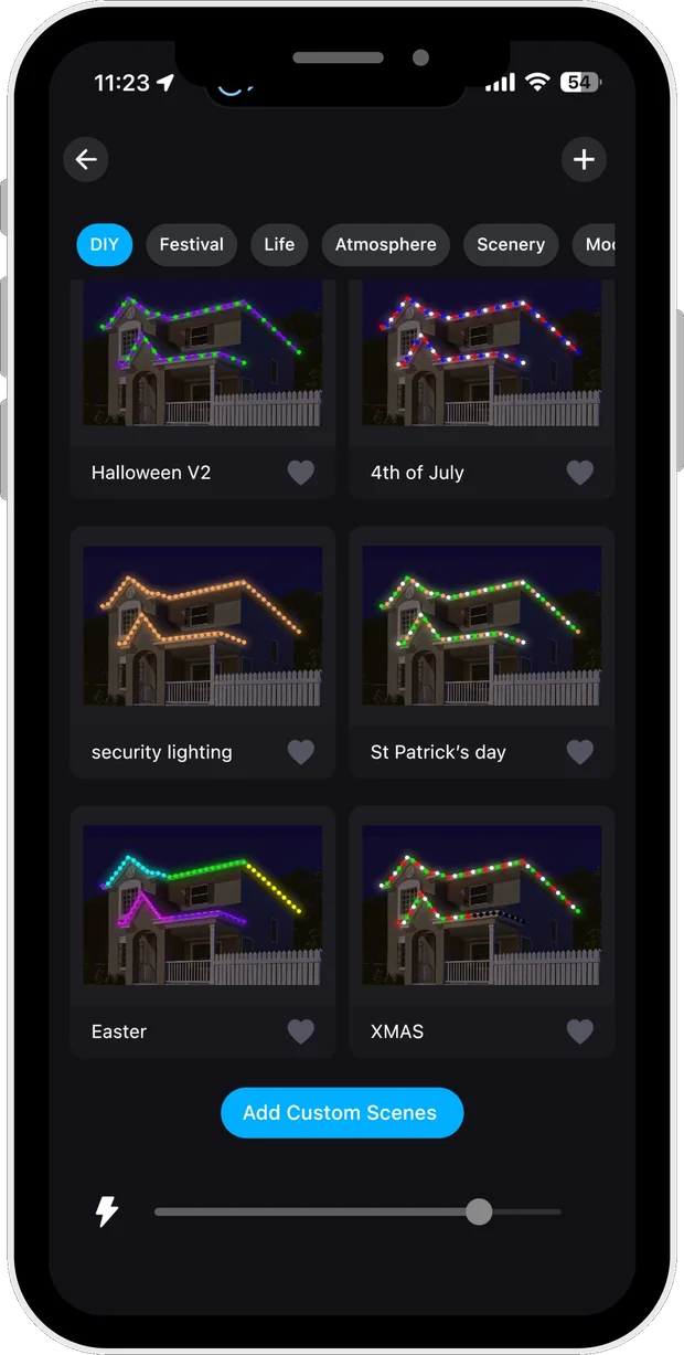 LumenX preset lighting scenes in the app