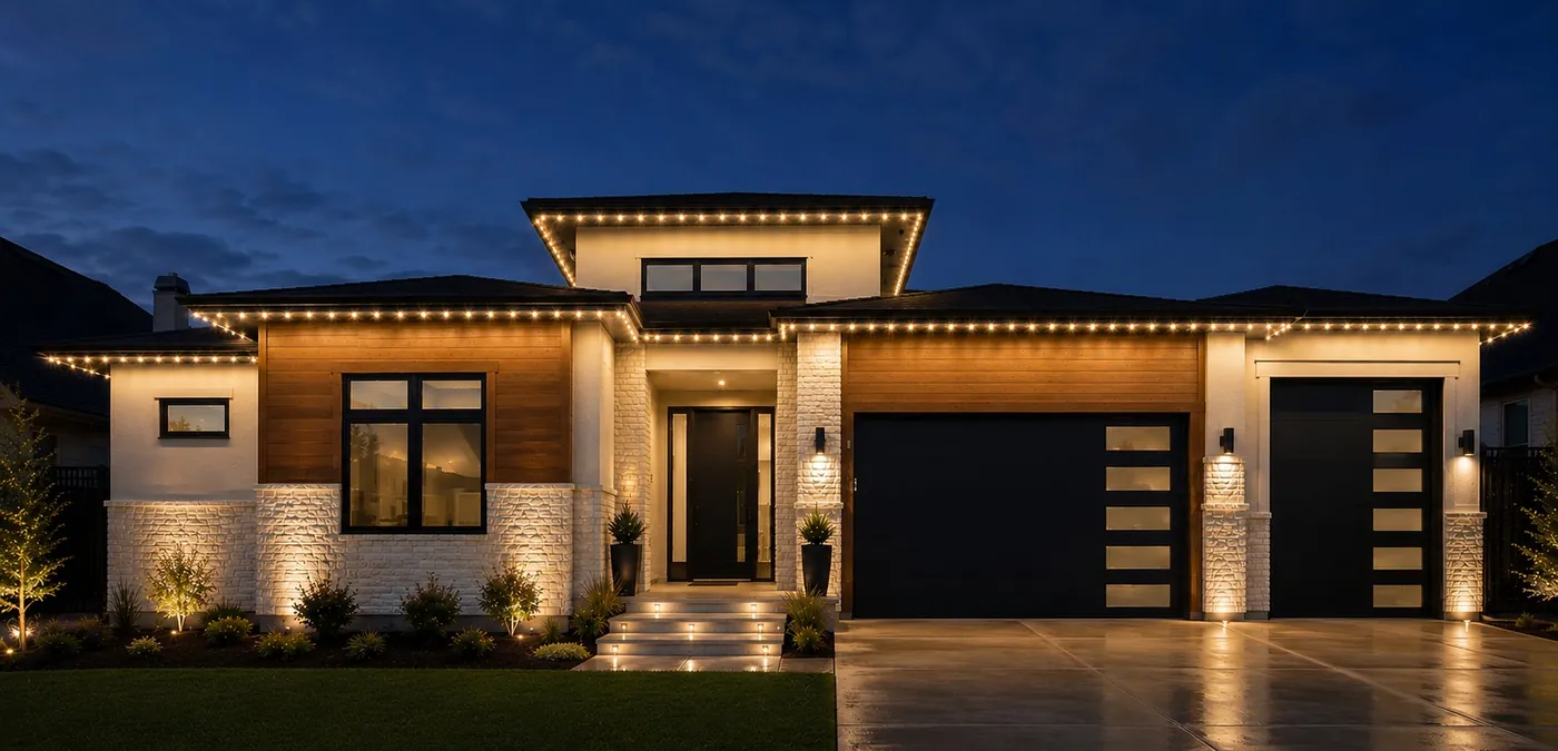 Modern Treasure Valley home with permanent architectural lighting tracing the rooflines at dusk